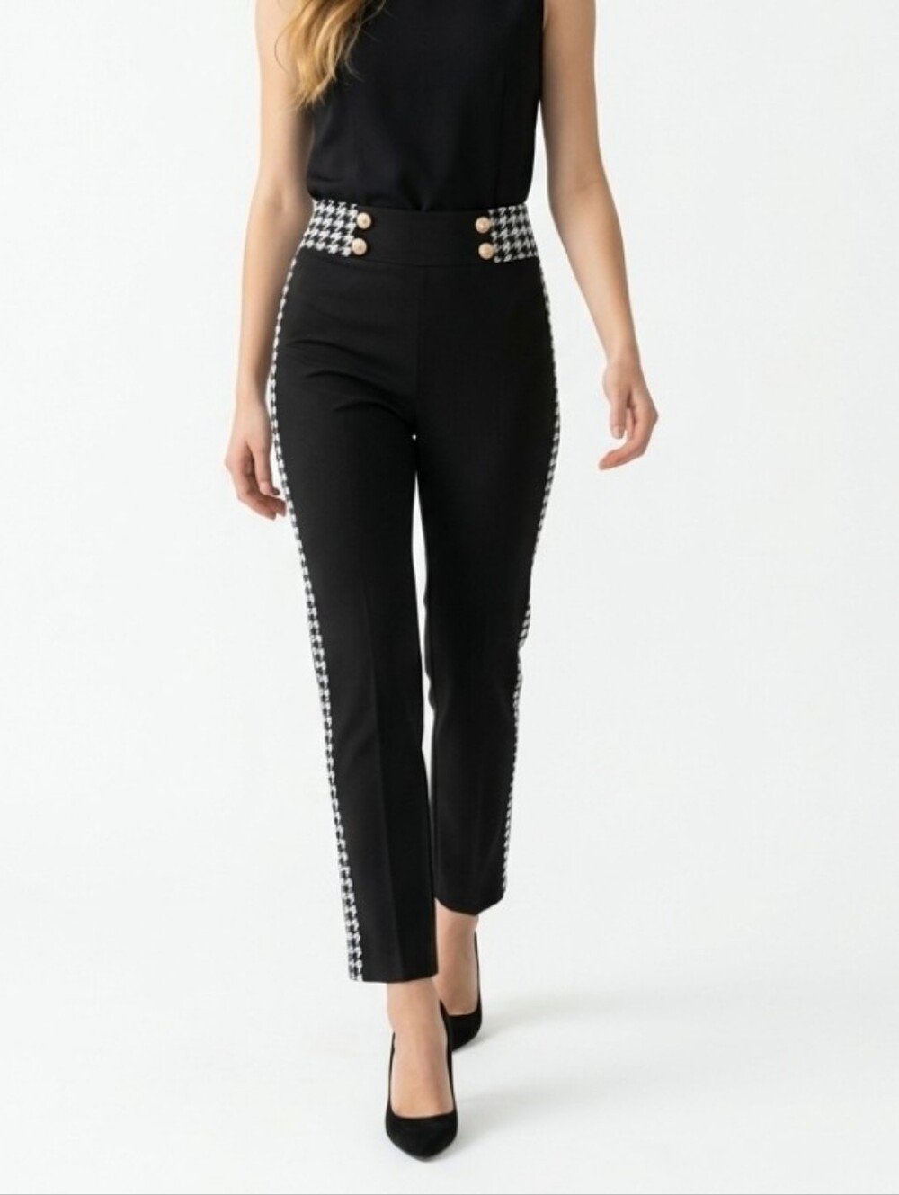 Black High-Waisted Straight-Leg Pants with Houndstooth Trim Women's Size Large